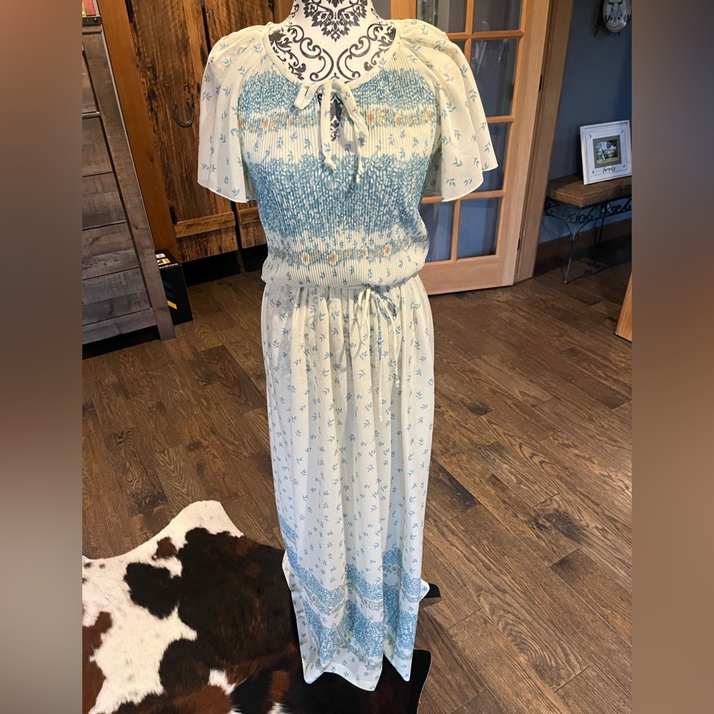 Vintage 70s Blue and White Flutter Sleeve Maxi Sundress